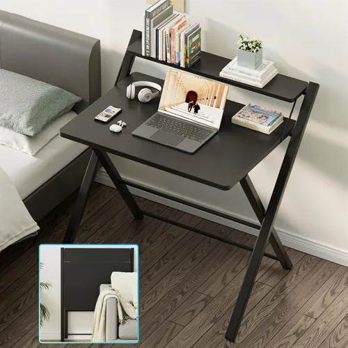 Miniatura 7 de GreenForest Escritorio plegable sin montaje, escritorio compacto de 2 niveles para computadora con estante, mesa plegable que ahorra espacio