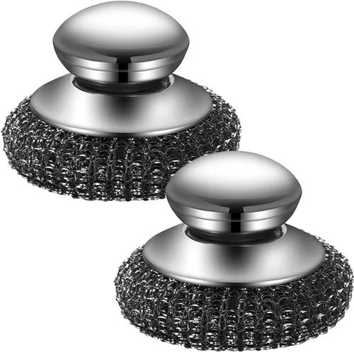 Paquete de 2 Estropajos de Lana de Acero para Platos, Cepillo de Platos de Acero Inoxidable con Mango Ergonómico de Acero Inoxidable, para Limpiar