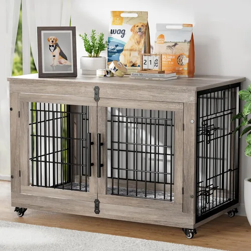 Miniatura 10 de YaFiti Mueble de jaula para perros con cojín, perrera de madera para interiores con puertas dobles, jaula para perros con ruedas, mesa auxiliar