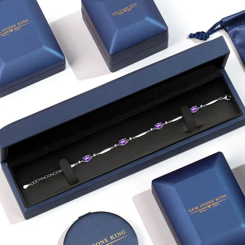 Miniatura 45 de Gem Stone King 925 Sterling Silver Gemstone Birthstone and White Created Sapphire Tennis Bracelet For Women Oval 7X5MM and 2MM 6 Inch + 1 Inch