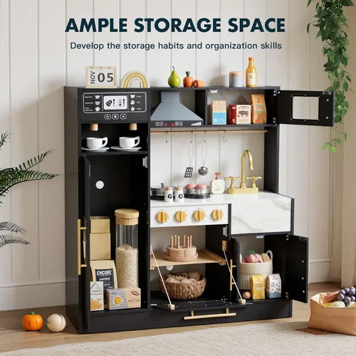 Miniatura 2 de Cocina de Juego para Niños, Juego de Cocina de Madera con Accesorios Realistas, Cocina de Lujo para Niños Pequeños, Campana Extractora