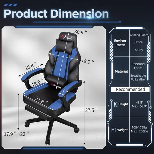 Miniatura 3 de Gaming Chair with Footrest & Lumbar Support, Ergonomic Racing Style Computer Chair, 360° Swivel Height Adjustable Video Game Chair, Massage Office