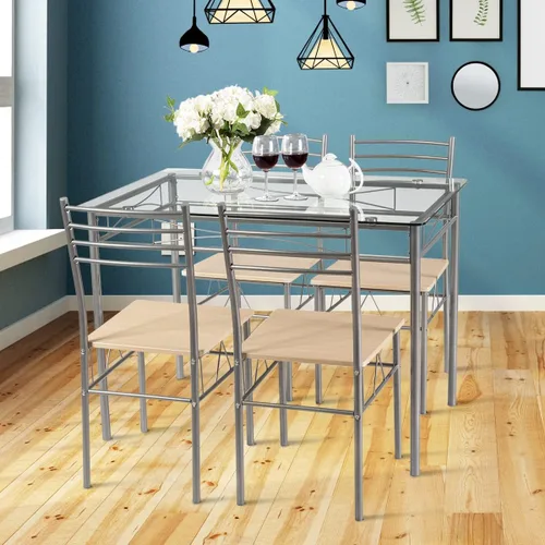 Miniatura 8 de Juego de mesa de comedor moderno para 4, juego de mesa de comedor con mesa de cristal, marco de metal y asiento de madera, mesa de cocina de 5