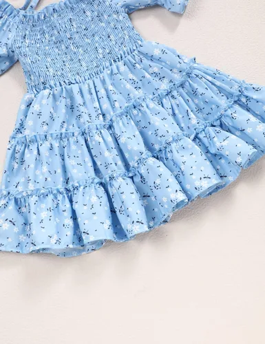 Miniatura 7 de Vestido de niña pequeña, cuello cuadrado, manga abombada, acampanado, vestidos florales de verano para niñas pequeñas, 2-6T