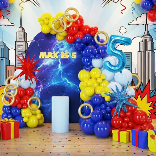 Miniatura 6 de Kit de guirnalda de arco de globos de oro azul con globos de estrella para decoración temática de superhéroes, decoración de cumpleaños para niños