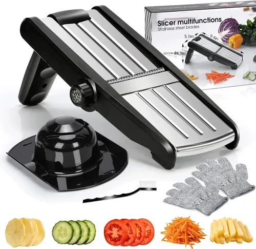 MASTERTOP Rebanadora de Mandolina, rebanadora de alimentos 5 en 1 para cocina, mini rebanadora de verduras de acero inoxidable con guante de