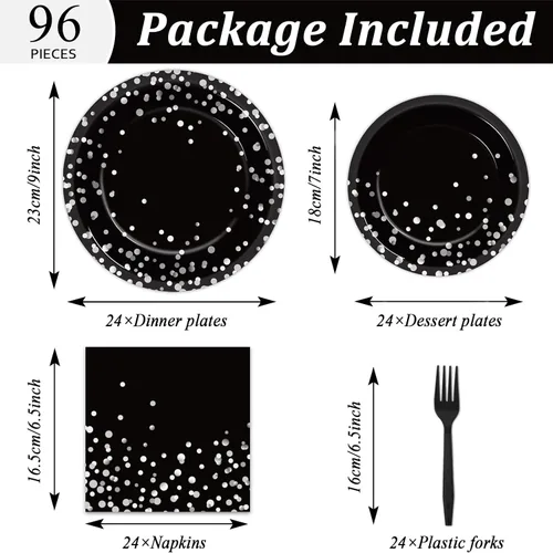 Miniatura 2 de gisgfim 96 piezas de suministros para fiesta en negro y plata, platos de papel, servilletas con punto plateado sobre negro, juego de mesa