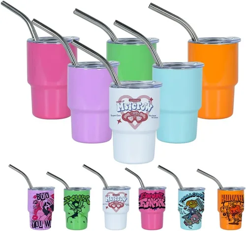 Miniatura 5 de AGH Mini vaso de shot de 3 onzas con popote y tapa, de acero inoxidable de colores, vasos de sublimación de doble pared con aislamiento al vacío, 6