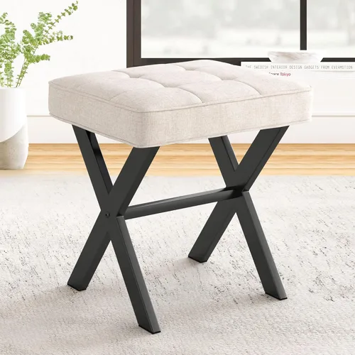 Miniatura 10 de LUE BONA Taburete de tocador blanco, asiento cuadrado de piel sintética con patas en X de metal, pequeña silla otomana para sala de maquillaje, sala