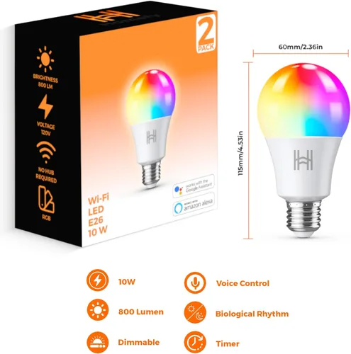 Miniatura 7 de Paquete de 2 bombillas inteligentes, LED A19 que cambian de color (800 lúmenes), WiFi y Bluetooth, sincronización de música, compatible con Alexa