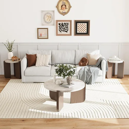 Miniatura 12 de COSIEST - Juego de mesa auxiliar redonda moderna y mesa auxiliar, tapa de madera con aspecto de mármol falso, patas de nogal y crema blanca, mesa