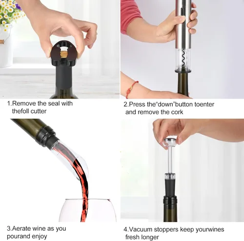 Miniatura 5 de VIDYSUFYR Juego de abridor eléctrico de botellas de vino, plateado, abridor automático de botellas de vino con luz LED, kit de sacacorchos