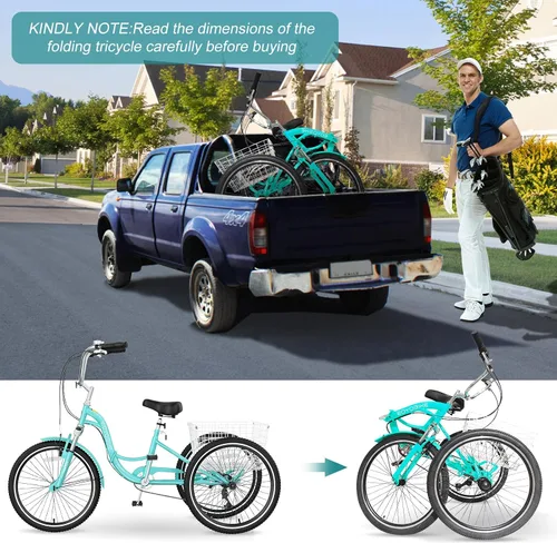 Miniatura 3 de MOPHOTO Triciclo plegable para adultos, 7 velocidades, 20/24/26 pulgadas, bicicleta de 3 ruedas para personas mayores, mujeres y hombres, bicicleta