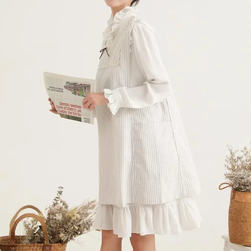 Miniatura 3 de Delantal de lino de algodón color blanco trigo encaje y arco decoración delantales estilo japonés chica estilo botón lateral cocina ropa