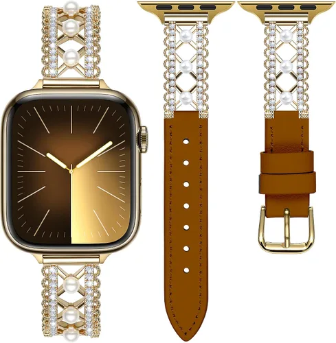 Miniatura 11 de Correa de cuero genuino y joyería para Apple Watch para mujer, elegante pulsera de perlas con circonitas laterales brillantes, correa de iWatch
