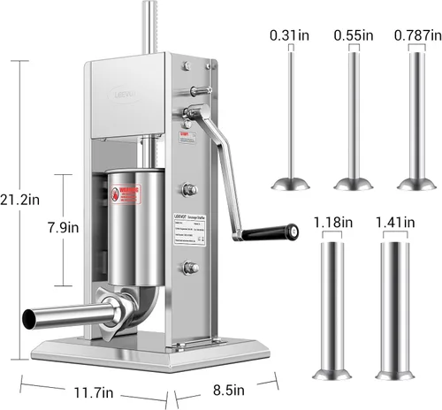 Miniatura 7 de LEEVOT - Embutidor manual de 7LBS/3L, kit profesional de acero inoxidable para hacer y rellenar salchichas con 2 velocidades, 5 tubos de relleno