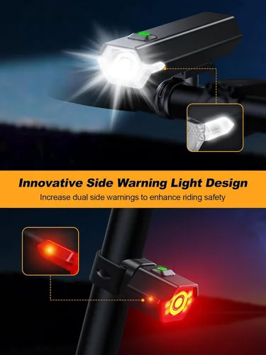 Miniatura 2 de Cuvccn Luces de bicicleta superbrillantes de 1000 lúmenes con luz lateral, 4+6 modos recargables de bicicleta delanteras y traseras, faros
