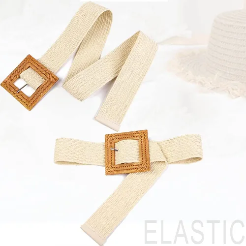 Miniatura 5 de Cinturón ceñido de paja tejida para mujer, elástico, de moda, con hebilla de madera.