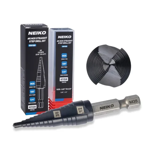 Miniatura 73 de NEIKO 10602B Step Drill Bit, 13 Steps 1/8" to 1/2" Spiral M35 Cobalt, AlTiSiN Coated, 1/4" Quick Change Step Bits for Steel, Metal, Wood, Plastic