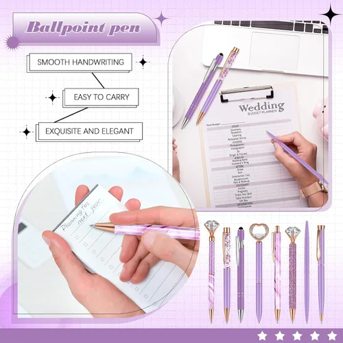 Miniatura 4 de Supervitae 8 Bolígrafos Morados para Mujer, Papelería Escolar, Regalos de Diario, Arena Líquida con Purpurina, Bolígrafos de Tinta Negra, Regalos