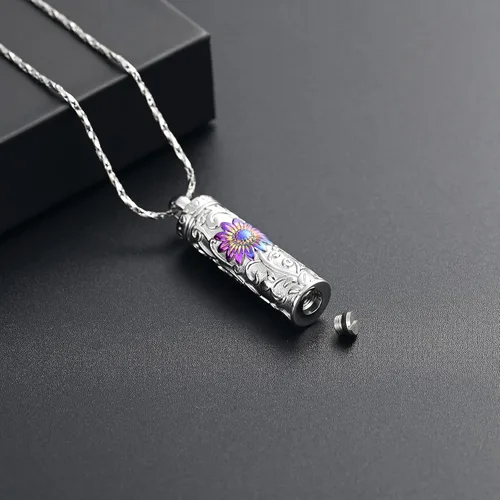Miniatura 21 de Collar de urna de girasol para cenizas, collar de barra cilíndrica para cenizas para mujer, colgante de recuerdo para cenizas, joyería de cremación