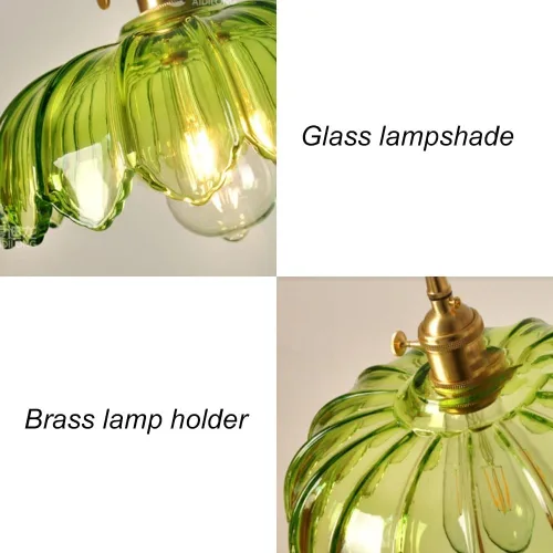 Miniatura 4 de Mid Century Green Pendant Lights, Nordic Retro Full Copper Hanging Pendant Lamp with Flower Shape Glass Shade, 47.2in Adjustable Cord E27/E26