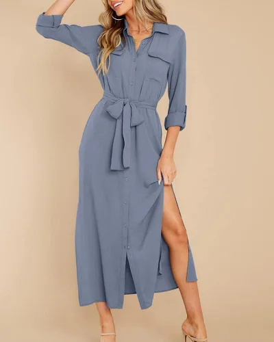 Miniatura 3 de Fekermia Vestido de camisa con botones para mujer, vestido de manga larga enrollable, con cinturón, con bolsillos