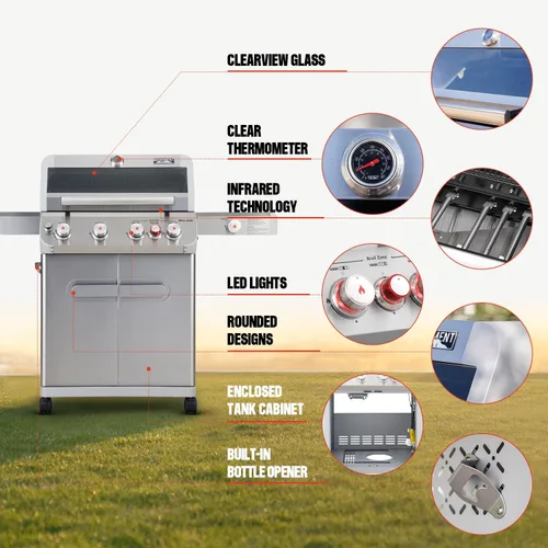 Miniatura 5 de Monument Grills 4+1 Barbacoa al Aire Libre de Acero Inoxidable con Gas Propano, 4 Quemadores y 1 Quemador Lateral de 62,000 BTU, Barbacoa de Jardín
