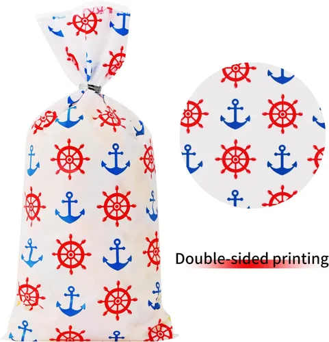 Miniatura 3 de Lecpeting 100 bolsas náuticas para golosinas, anclas, estampado de rueda, bolsas de celofán, regalos de fiesta náutica con lazos giratorios