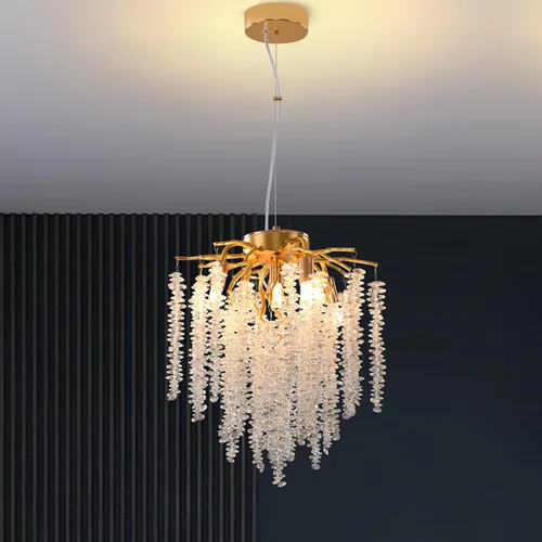 Candelabro de Cristal Rama de Árbol Dorado Gota de Lluvia Redonda Lámpara Colgante con Borla Luminaria de Techo Colgante para Dormitorio Sala de