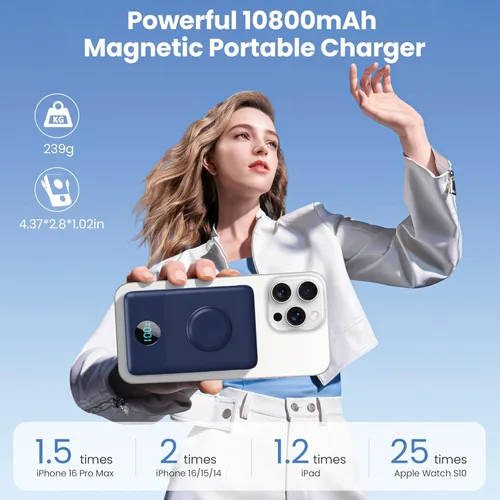 Miniatura 45 de Cargador portátil magnético de 10800 mAh para iPhone con cables integrados, cargador de batería inalámbrico 6 en 1 con cargador iWatch, pantalla LCD