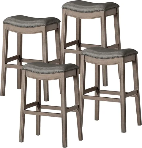 Miniatura 44 de Maven Lane Adrien Taburete de bar sin espalda, asiento de silla de montar de 31 pulgadas con reposapiés, marco de madera maciza gris y tapicería