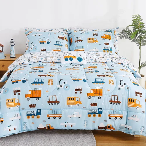 Miniatura 16 de Mooreeke Juego de edredón individual para niños de 6 piezas, juego de ropa de cama azul para adolescentes, microfibra de dinosaurio, cama para niños