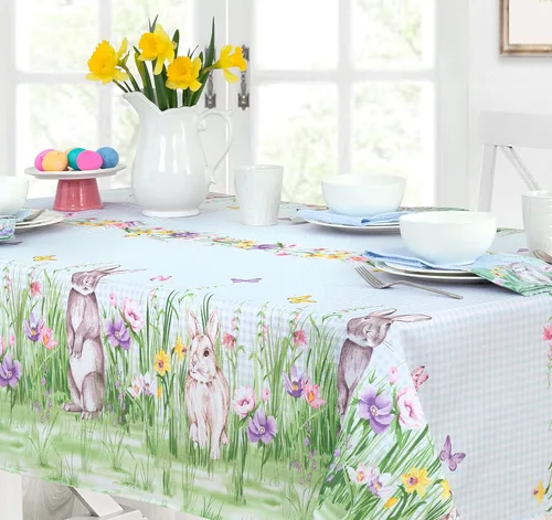 Miniatura 5 de Manteles Newbridge con diseño de Pascua, primavera, prado y conejos bordados, adorable tela de mantel con conejos y de color azul, con estampado a