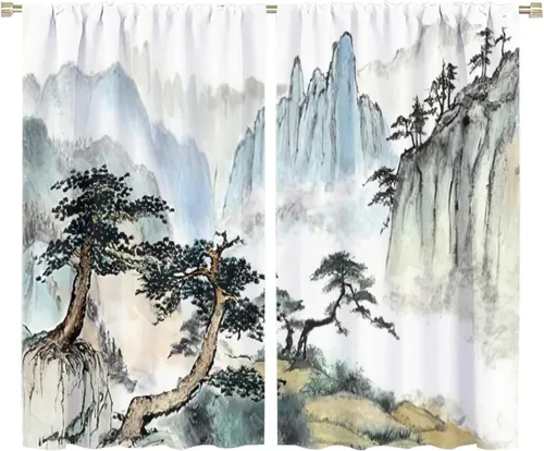 Miniatura 45 de Cortina japonesa con diseño de cerezo en flor, montañas, río, nubes, pinos, paisaje, naturaleza, asiático, anime, oscurecimiento de habitación