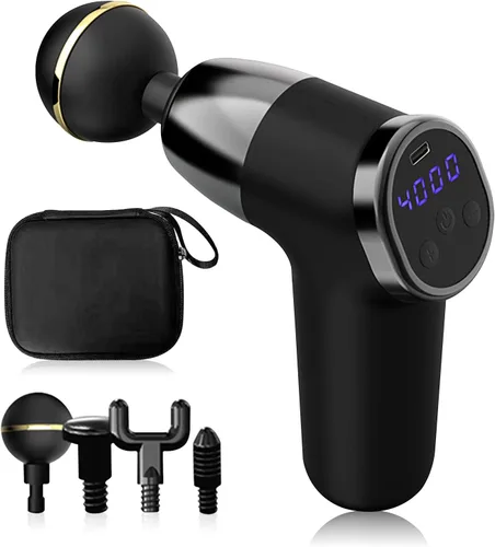 Miniatura 18 de Ergocar Potente pistola de masaje muscular tejido profundo, 6 velocidades masajeador de cuerpo eléctrico de mano con 4 cabezas súper silencioso Negro