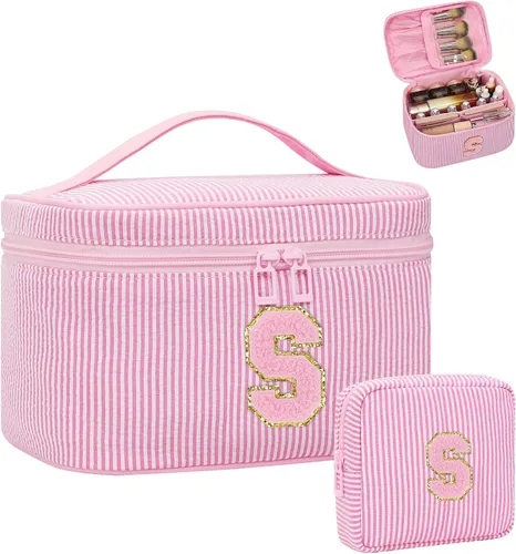 Miniatura 85 de Juego de bolsas de maquillaje con iniciales para niñas y mujeres, bolsa de cosméticos con monograma con soporte para cepillos, estuche de maquillaje