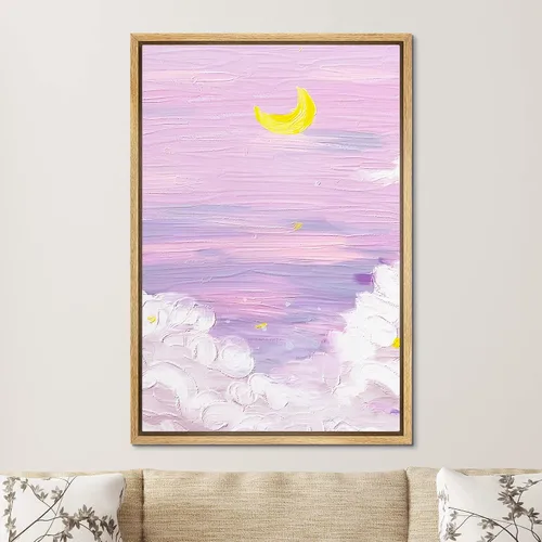 Miniatura 2 de SIGNFORD Lienzo enmarcado para pared, acuarela pastel, morado, luna, cielo, naturaleza, ilustraciones de área silvestre, arte moderno, vibrante