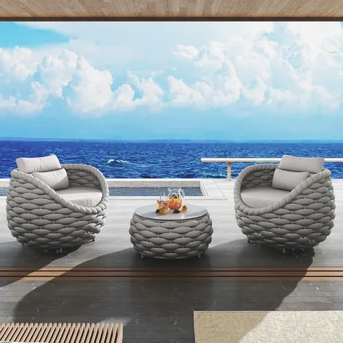 Miniatura 15 de TWT 3-Piece Woven Rope Patio Furniture Set, 2 Outdoor Armchairs with Soft Cushions + Round Aluminum Coffee Table, All-Weather Conversation Set for