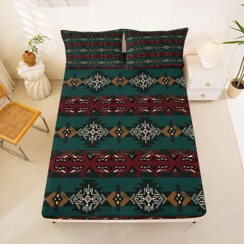 Miniatura 62 de Juego de ropa de cama de estilo bohemio occidental, tamaño individual, diseño de vaca atrapasueños, sábana bajera ajustable del suroeste, tribu