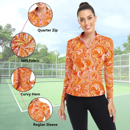 Miniatura 92 de WOWENY Camiseta deportiva de manga larga para mujer, con cremallera de un cuarto, cuello para entrenamiento, camiseta de tenis con estampado