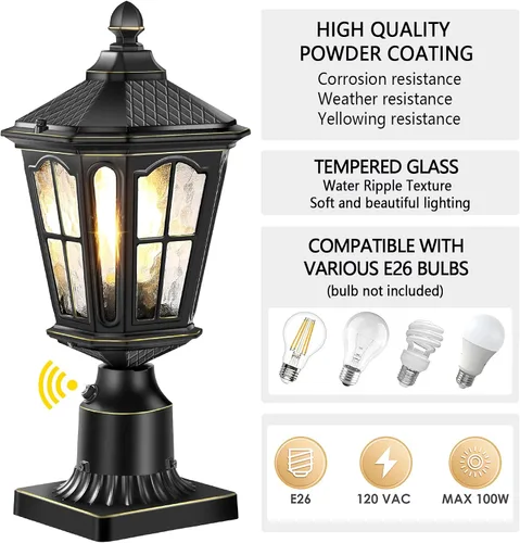 Miniatura 7 de Luces de poste del atardecer al amanecer cableadas de 120 V con base de montaje en muelle, lámpara de poste antioxidante para exteriores con vidrio