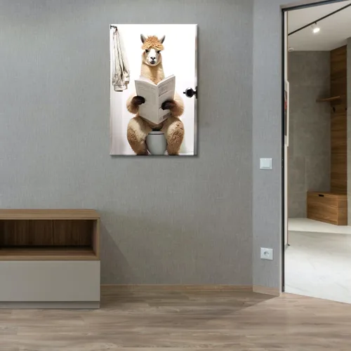 Miniatura 3 de GLOKAKA Lienzo decorativo para baño, diseño divertido de alpaca sentado en el inodoro, leyendo periódico, arte de pared, humor, granja, animal, arte