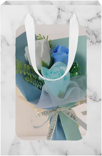 Miniatura 11 de Paquete de 10 bolsas de regalo con asas y ventana transparente, bolsas de papel kraft trapezoidales, bolsas de envoltura de ramo de flores, bolsas