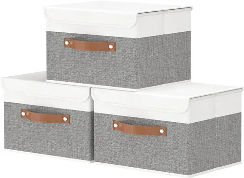 Miniatura 27 de OUTBROS Caja de almacenamiento plegable grande con tapa, organizador de armario de tela de lino, contenedores para toallas, ropa, 15 x 9.8 x 9.8
