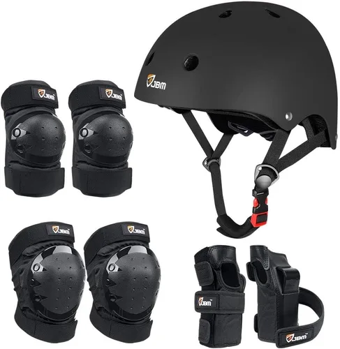 JBM - Juego de equipo de protección para patinaje para niños y adultos, desde principiantes hasta avanzados, casco para monopatín, rodilleras y Negro
