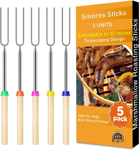 HOOPLE Varillas para asar malvaviscos de 32 pulgadas, accesorios de campamento para pincho Smores. Tenedores extensibles de acero inoxidable para