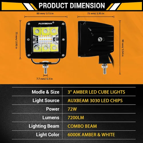 Miniatura 5 de Auxbeam Barra de luz LED de 3 pulgadas, 72 W, color ámbar/blanco, luces de conducción todoterreno para camión, SUV, barco, 4x4, Jeep Wrangler