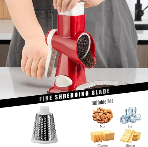 Miniatura 4 de Badelite Rallador de Queso con Manivela Giratoria Triturador de Queso Giratoria de Acero Inoxidable Cortador de Verduras para Cocina 3 Cuchillas Rojo