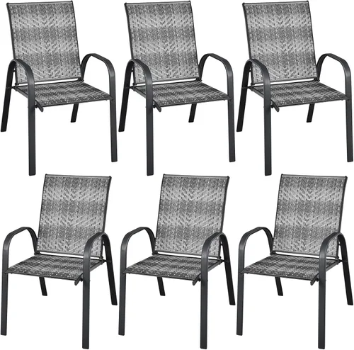 Miniatura 10 de Tangkula Juego de 6 sillas de comedor apilables de mimbre para patio, sillas de comedor de ratán de polietileno para exteriores con marco de metal